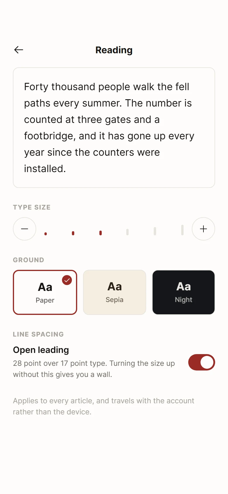 Column Reading Settings preview