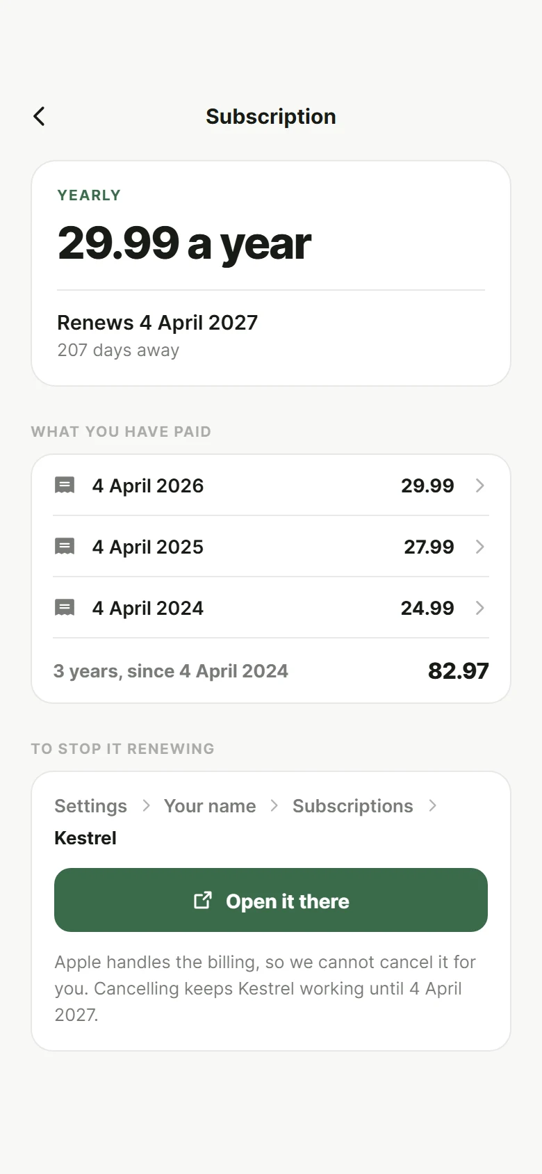Kestrel Manage Subscription preview