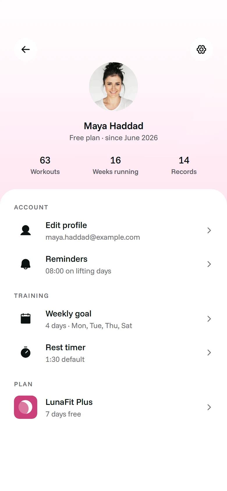 LunaFit Profile preview