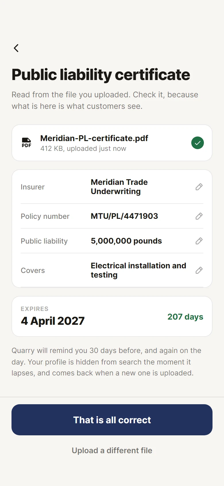 Quarry Insurance Certificate preview