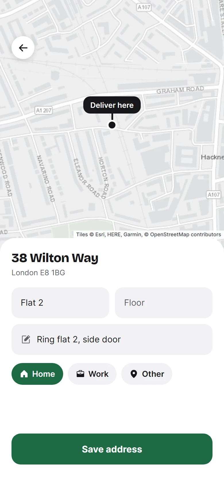 Tiffin Delivery Address preview